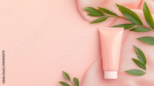 Pink Facial Cleanser Tube on Silky Fabric with Green Leaves
