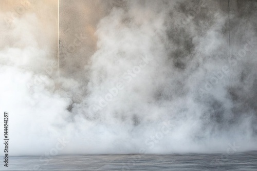 Dense white fog fills a room, obscuring a dark wall