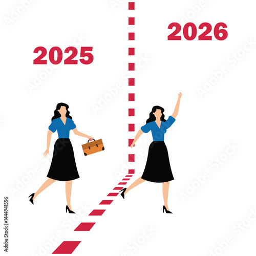 New year idea concept, business team walking from the year 2025 to the new year 2026