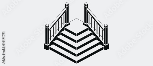 Isometric View of Simple Black Staircase with Railings