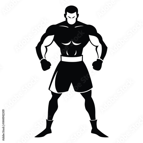 Strong Athlete Character, Muscular Man Silhouette, Boxing Gloves, Power Pose, Full Body