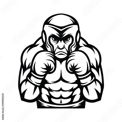Aggressive Monochrome Boxer Icon, Helmet, Gloves, Fighter Stance, Detailed, Black and White