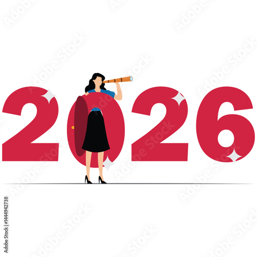 Confidence businesswoman with telescope ride on year 2026