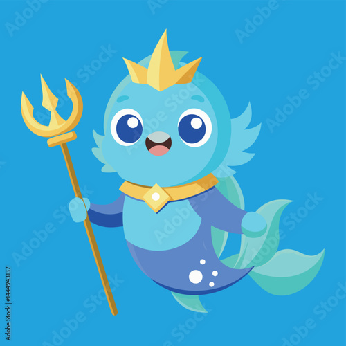 Explore a whimsical illustration of Neptune, the ocean king mascot, floating gracefully with a trident weapon, embodying power and aquatic charm in a playful design.
