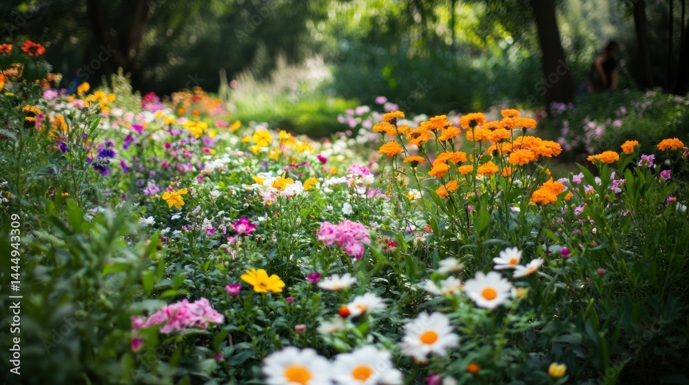 Obraz premium A vibrant display of various wildflowers in a sunny garden setting