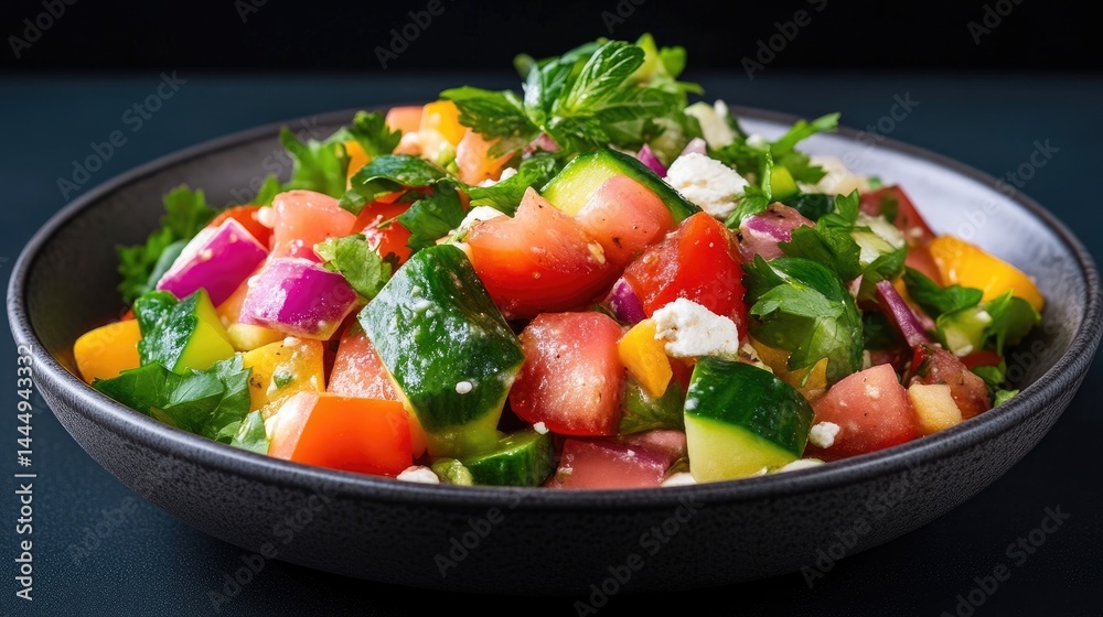Vibrant salad of diced vegetables. Fresh, colorful mix of tomatoes, cucumbers, red onion, bell peppers, and feta cheese, topped with fresh herbs Vibrant salad of diced vegetables. Fresh, colorful mix of tomatoes, cucumbers, red onion, bell peppers, and feta cheese, topped with fresh herbs