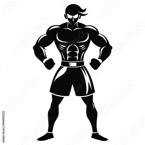 Silhouette of Muscular Man with Belt Posing, Hands on Hips, Full Body,