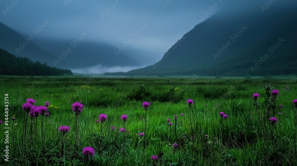 Obraz premium Purple Flowers Bloom In Lush Fields Near Mountain Landscapes