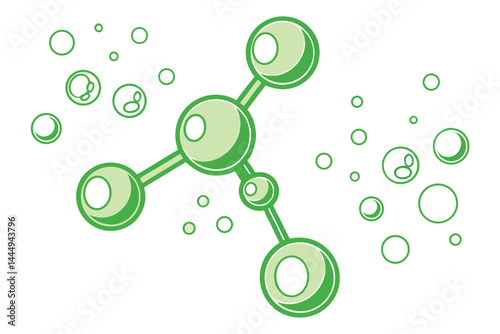 14 Molecular structure, bright green spheres, interconnected nodes, transparent bubbles, scientific illustration, minimalist design, floating particles, chemical bonds, neon glow, white background, cl