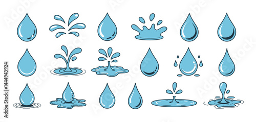 Collection of Cartoon Water Drops and Splashes Illustrations