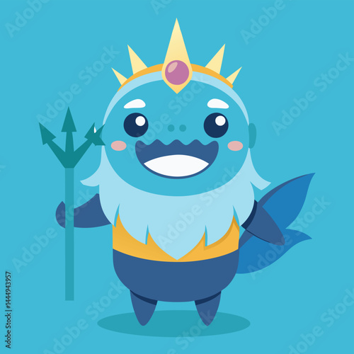 Explore a whimsical illustration of Neptune, the ocean king mascot, floating gracefully with a trident weapon, embodying power and aquatic charm in a playful design.
