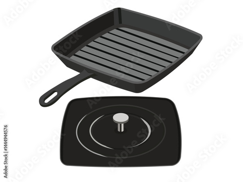 Black grill pan with ridges and a matching lid isolated on white background