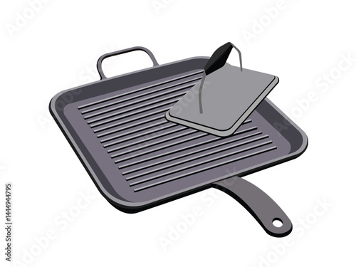 Cast iron grill pan with ridges and matching lid isolated on white background