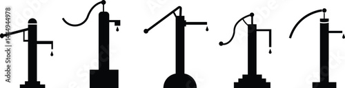 Hand pump or manual pump icon set. Consist of spout deep well, lever handle, pipe and body above ground at outdoor, garden for suction source groundwater from shallow borehole at countryside isolated.