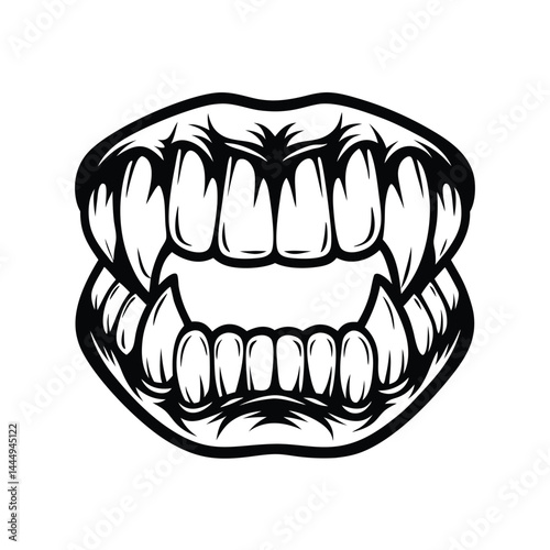 Detailed Monochrome Vampire Fangs with Sharp Canines and Incisors Outlined in Black