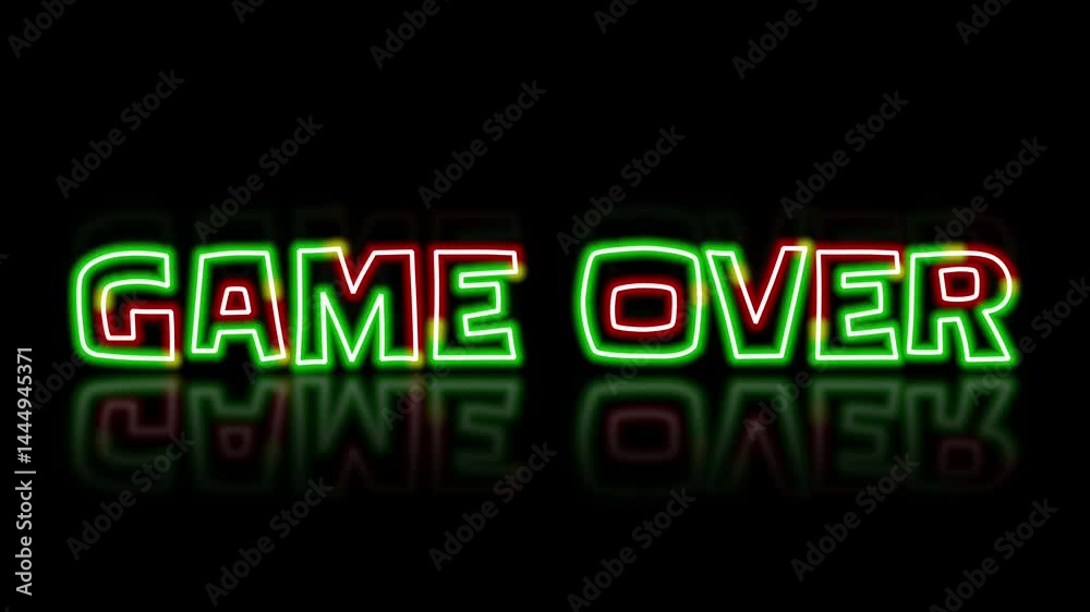 Glowing Retro Game Over Neon Text Animation with Reflective Surface On Black Background Glowing Retro Game Over Neon Text Animation with Reflective Surface On Black Background