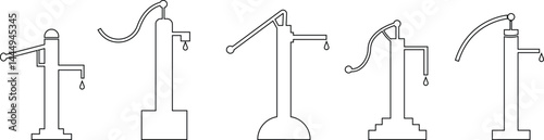 Hand pump or manual pump icon set. Consist of spout deep well, lever handle, pipe and body above ground at outdoor, garden for suction source groundwater from shallow borehole at countryside isolated.