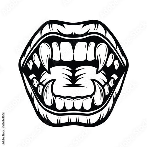 Silhouette of Open Mouth with Sharp Teeth and Fangs Black and White
