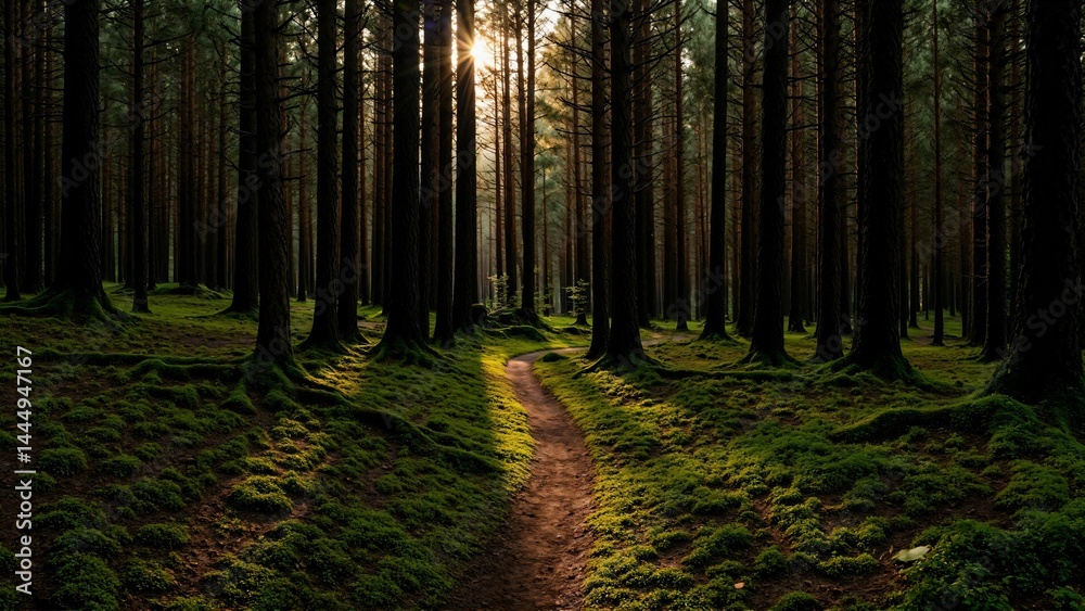 Fototapeta premium Winding Trail through Dense Mossy Pine Forest