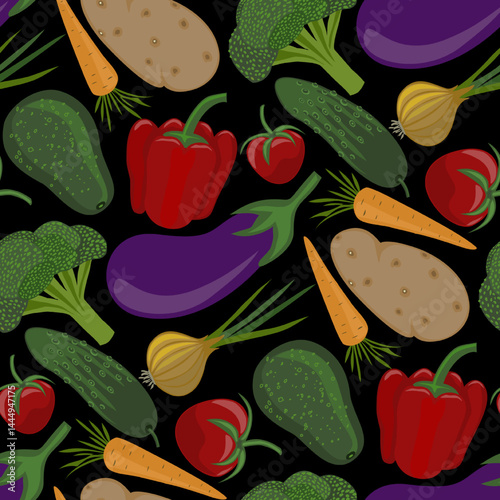 Vegetables, broccoli, eggplant, cucumber, tomato, potato, bell pepper, carrot, avocado, onion, black background. Seamless floral pattern-696.