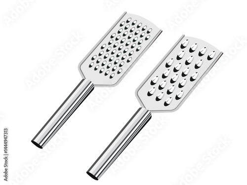 Two metal kitchen graters with different grating surfaces isolated on white background