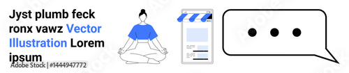 Woman meditating in lotus pose, storefront with awning and product listing, and chat bubble with dots. Ideal for mindfulness, e-commerce, communication, yoga practice, online shopping, customer