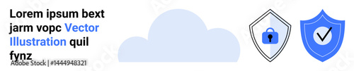 Cloud with shield icons featuring lock and checkmark suggesting security, privacy, reliability, compliance, data backup, network safety, and system protection. Ideal for cybersecurity flat landing