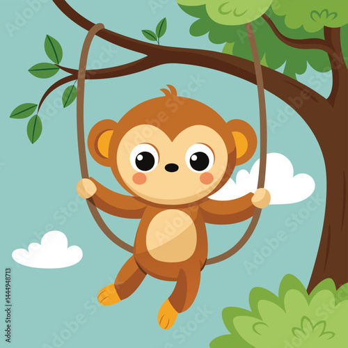 Enjoy the playful charm of this cartoon mascot featuring a cute monkey swinging on a tree. Ideal for children's illustrations, jungle-themed designs, or adding a touch of fun to any project. This char