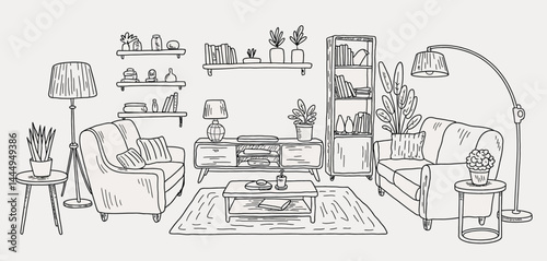 Hand Drawn Sketch of a Cozy Living Room Interior