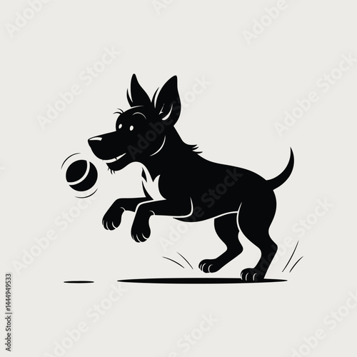 Playful Black Silhouette of a Dog Catching a Ball