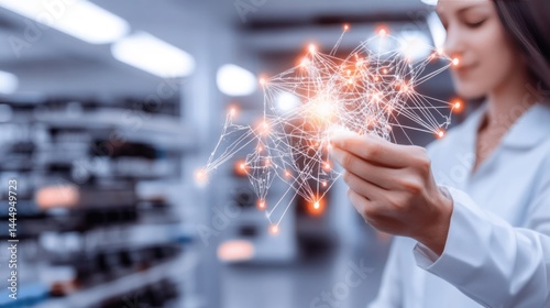 Woman Scientist: A scientist examines an abstract network, embodying the synergy of science and technology, revealing innovation and exploration in a futuristic laboratory setting.