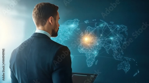 Global Visionary: A determined business leader, poised at a technological frontier, gazes intently at a vibrant digital depiction of the world map.