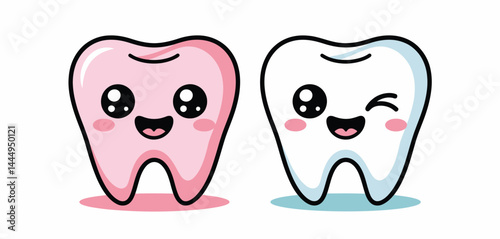 Cute Cartoon Teeth Characters Happy and Winking