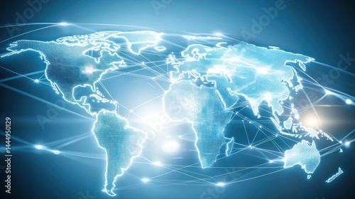 Global Connectivity: An illuminating map of the world, showcasing a vibrant network of interconnected points of light, symbolizing worldwide connections and the digital age.