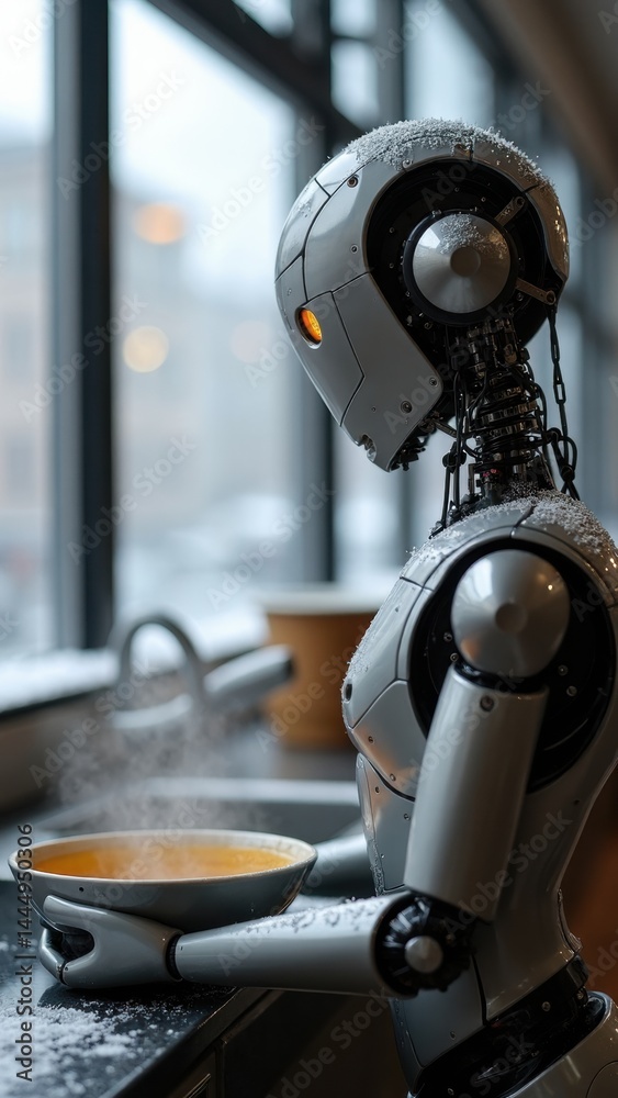 Robot is holding a bowl of soup in front of a window. The robot is wearing a white suit and has a metallic appearance. The scene is set in a kitchen