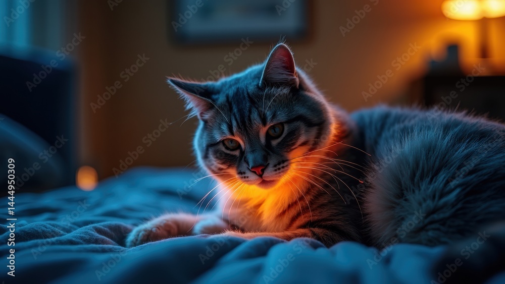 Cat is laying on a bed with a light shining on it. The cat appears to be looking at the light, possibly curious or intrigued by it