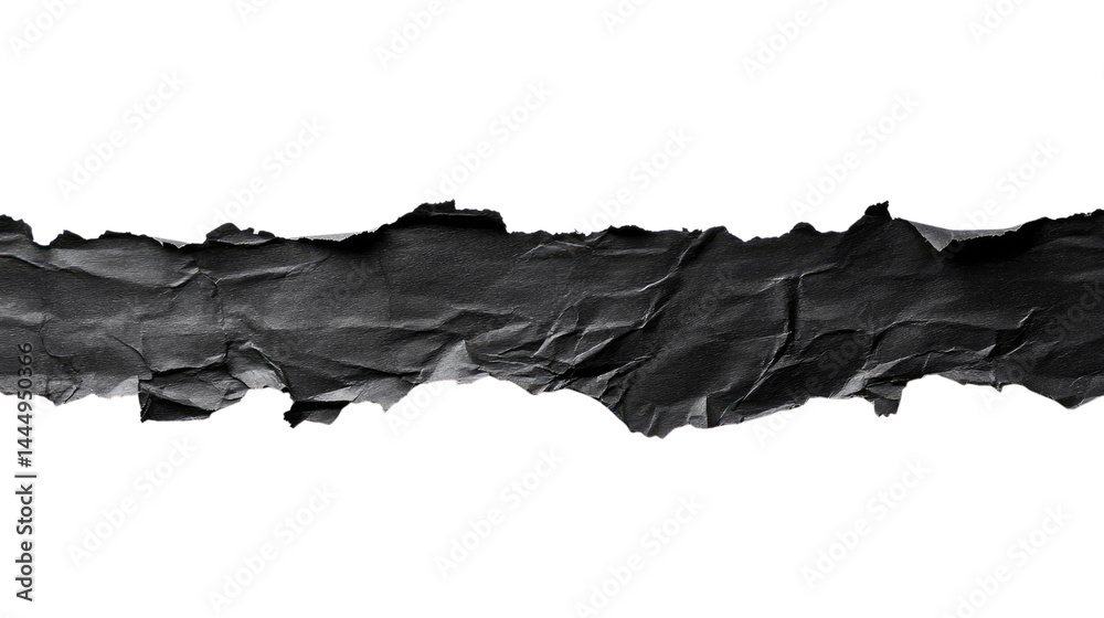 Textured Black Torn Paper Strip Isolated on a White Background for Creative Design Projects, Advertising, and Graphic Design Applications