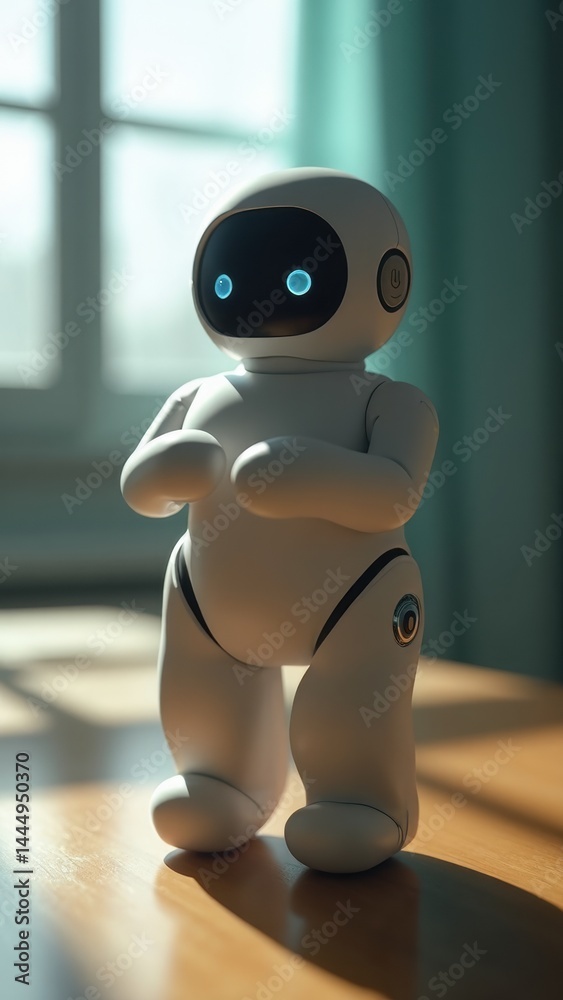 Robot is standing on a wooden table. The robot is white and has blue eyes. The robot is looking at the camera