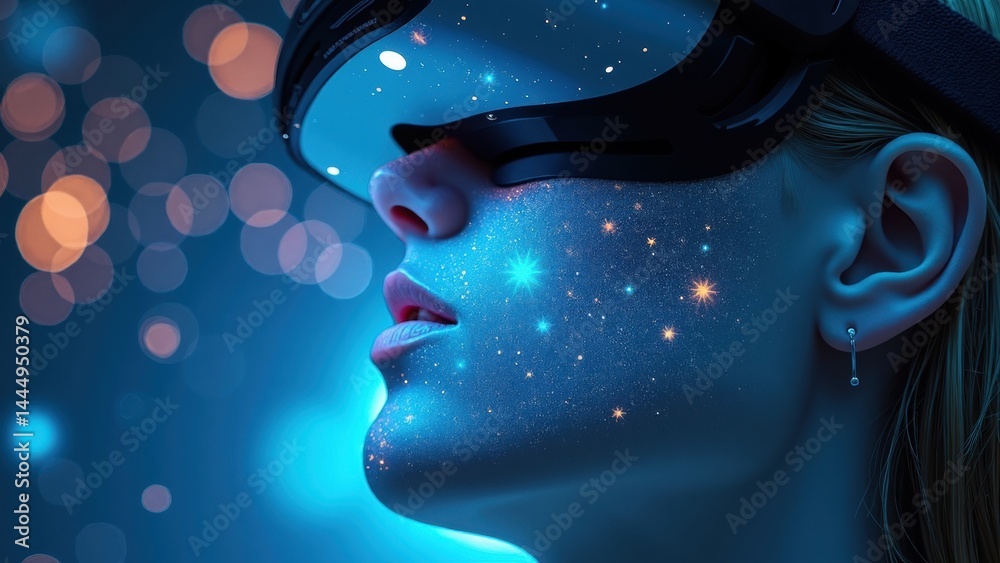 Woman with a face covered in glitter is wearing a virtual reality headset. Concept of wonder and excitement