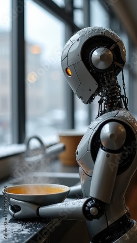 Obraz na płótnie Robot is holding a bowl of soup in front of a window. The robot is wearing a white suit and has a metallic appearance. The scene is set in a kitchen w salonie