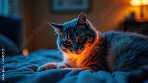 Obraz na płótnie Cat is laying on a bed with a light shining on it. The cat appears to be looking at the light, possibly curious or intrigued by it w salonie