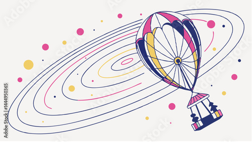 Illustration of a hot air balloon with people inside flying through a colorful cosmic galaxy scene