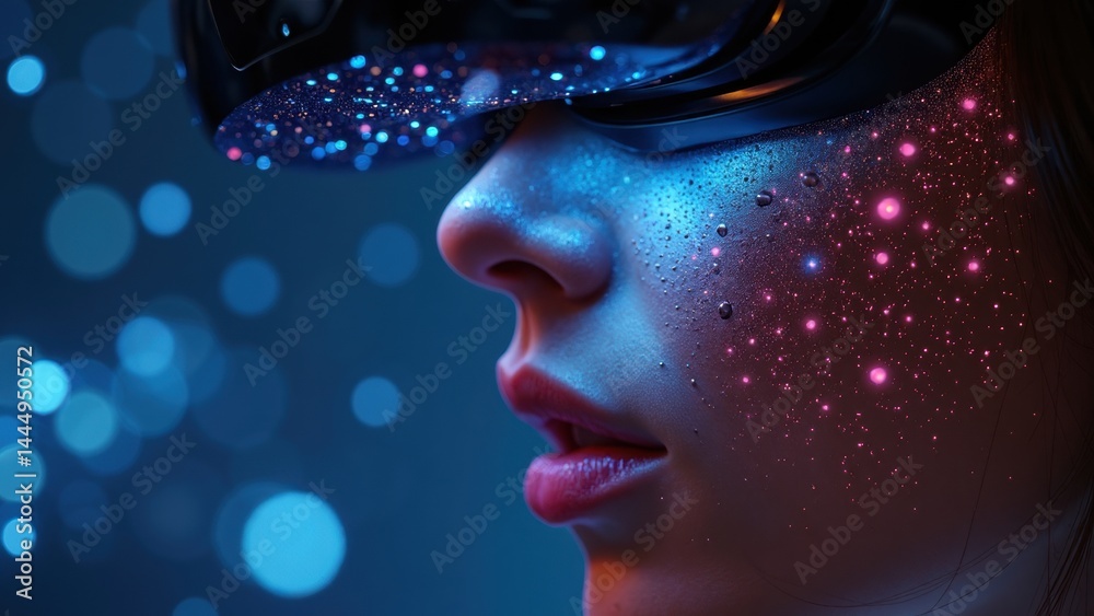 Woman with a face covered in glitter and a blue background. The woman is wearing a virtual reality headset