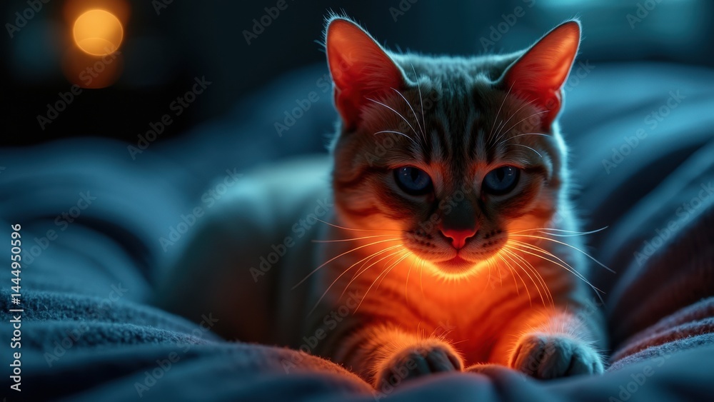 Cat is laying on a bed with a light shining on it. The cat appears to be relaxed and comfortable in its environment
