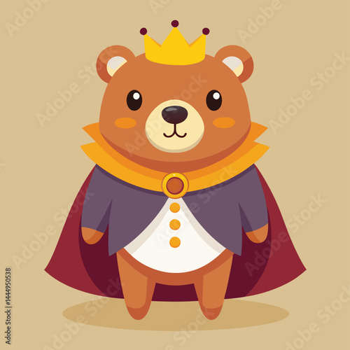 Discover an adorable cartoon character of a cute bear king adorned with a majestic cloak and crown, perfect for whimsical and royal-themed designs.

