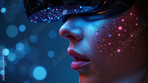 Woman with a face covered in glitter and a blue background. The woman is wearing a virtual reality headset
