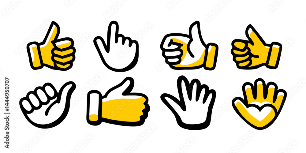 Fototapeta premium Minimalist Hand gesture icon collection including thumbs up, peace sign, OK hand, pointing finger. Vector set of expressive hand signs for UI, apps, communication symbols, and infographics.