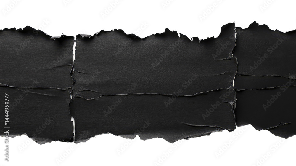 Black Torn Paper Texture with Jagged Edges for Creative Backgrounds and Design Projects, Perfect for Use in Graphic Design, Advertising, and Web Applications