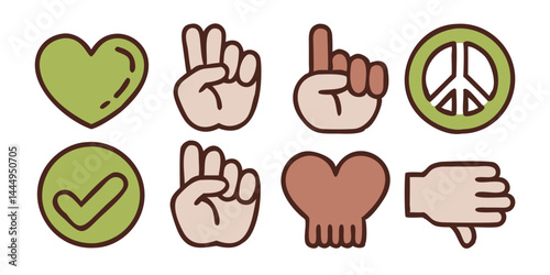 Hand gesture icon collection including thumbs up, peace sign, OK hand, pointing finger. Vector set of expressive hand signs for UI, apps, communication symbols, and infographics.


