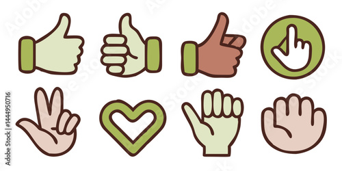 Minimalist Hand gesture icon collection including thumbs up, peace sign, OK hand, pointing finger. Vector set of expressive hand signs for UI, apps, communication symbols, and infographics.


